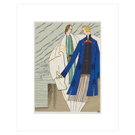Fashion illustration featuring two elegant women in statement outerwear. 